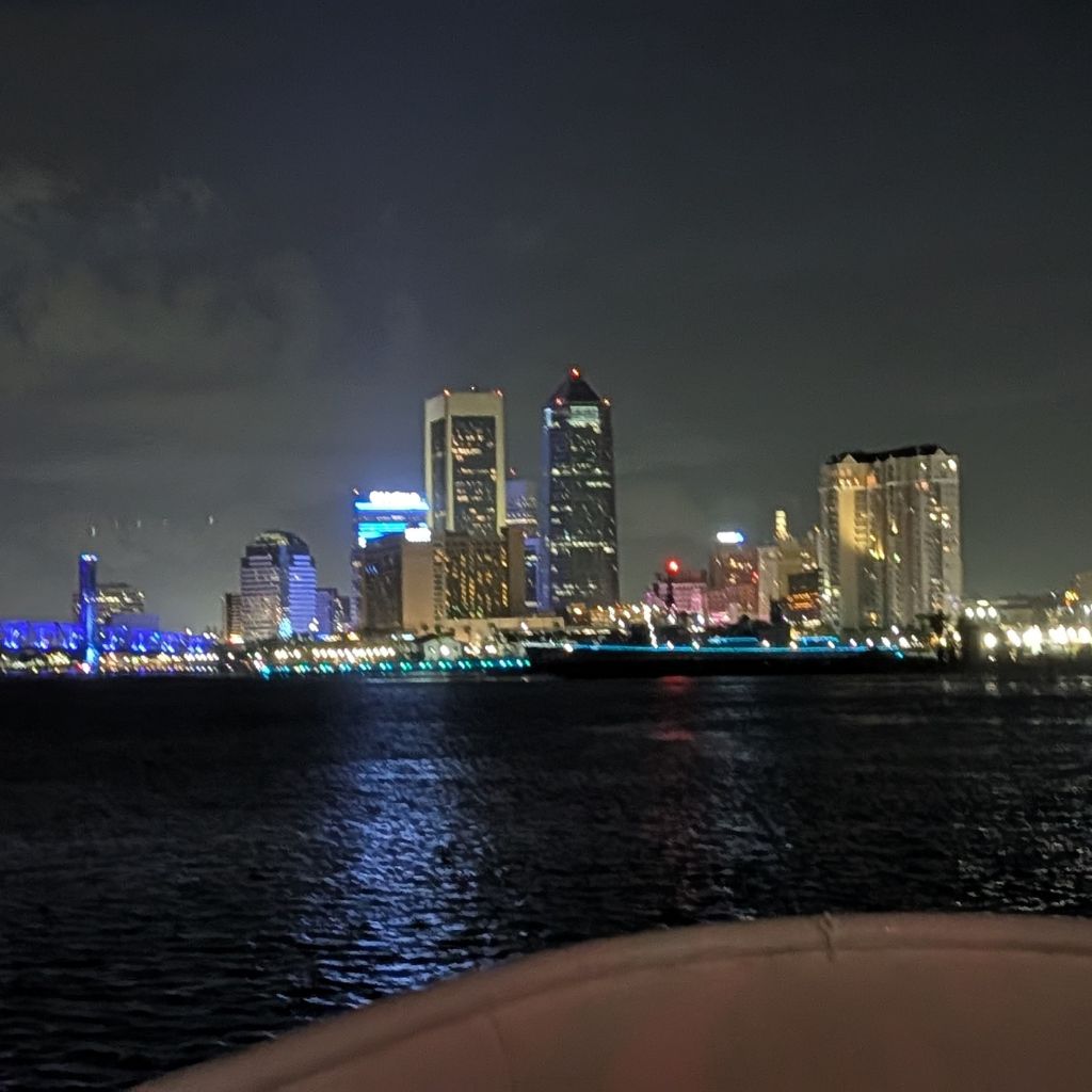 Wide view of city skyline and river at night
