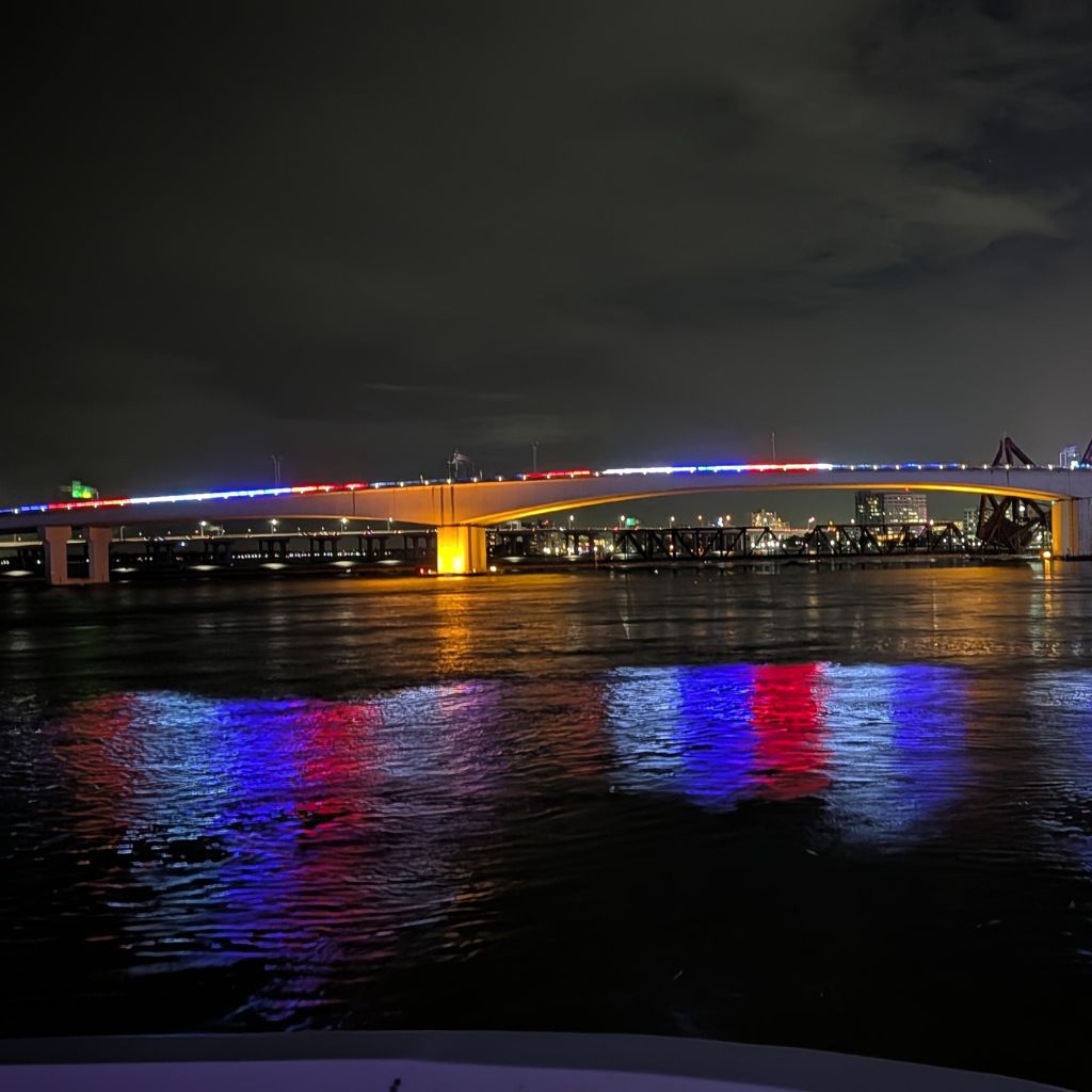 Bridge illuminated orange across the dark river